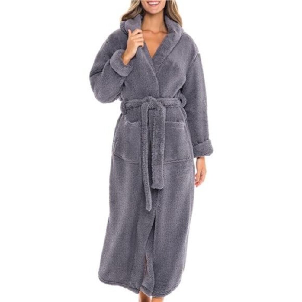 Women's Fuzzy Plush Fleece Bathrobe with Hood, Soft Warm Hooded‎ Lounge Robe